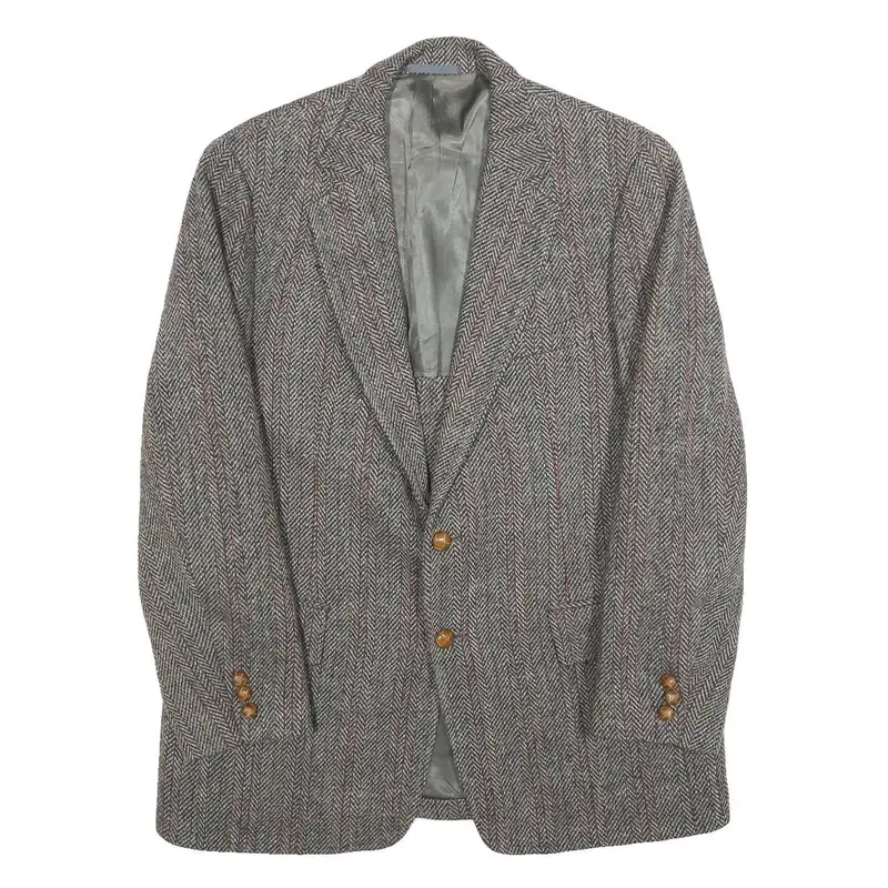 Harris Tweed Mens Brown Grey Wool Herringbone Tailored Jacket L Button Closure 1