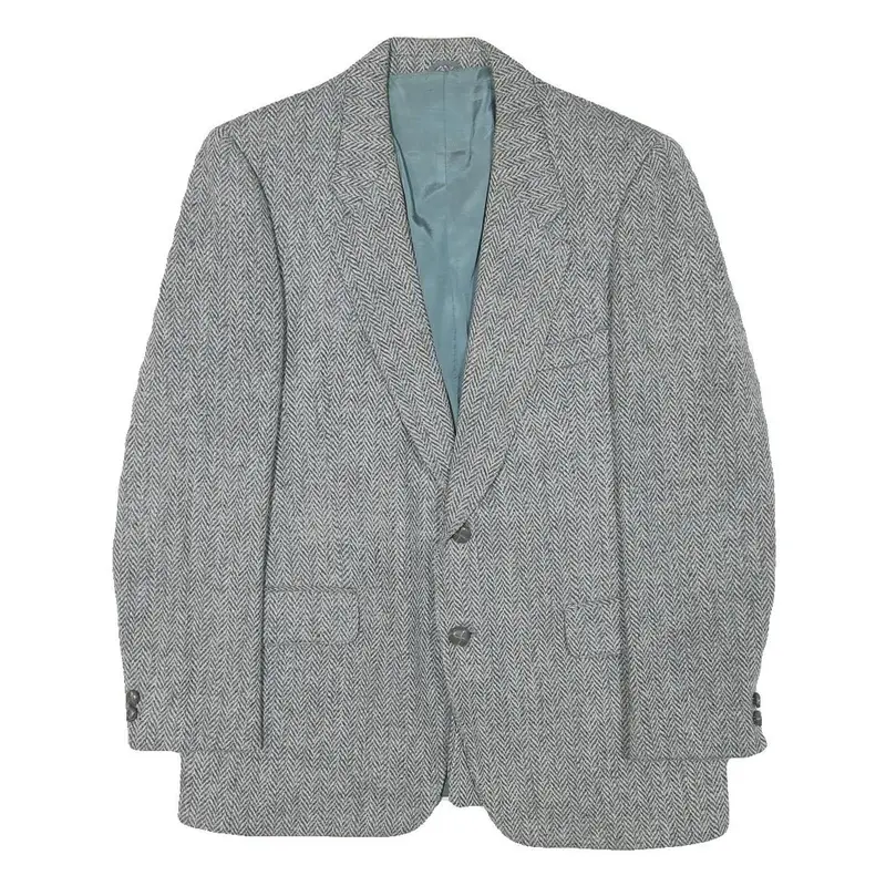 Harris Tweed Mens Grey Wool Herringbone Blazer Jacket M Woven Button Closure 1