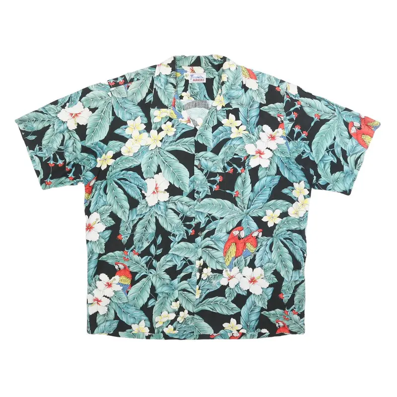 Hawaii Mens Black Floral & Green Leaves Hawaiian Shirt Xl Tropical Print 1