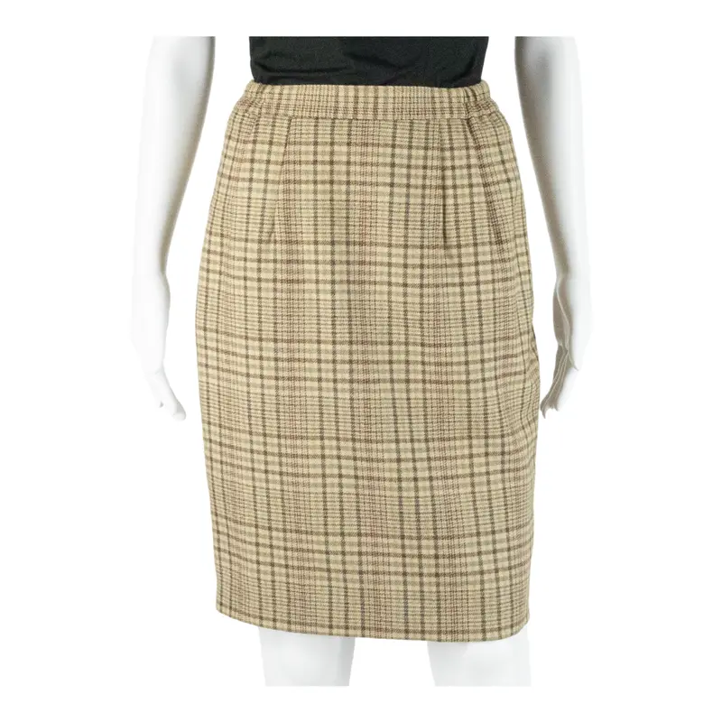 High Waist Womens Pencil Skirt Beige Knee Length Wool Plaid S 1