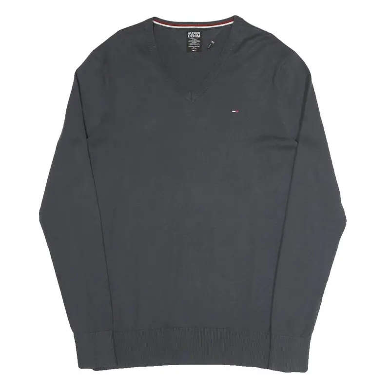 Hilfiger Denim Mens Black V-Neck Plain Cotton Blend Jumper Xl Classic Knitwear 1