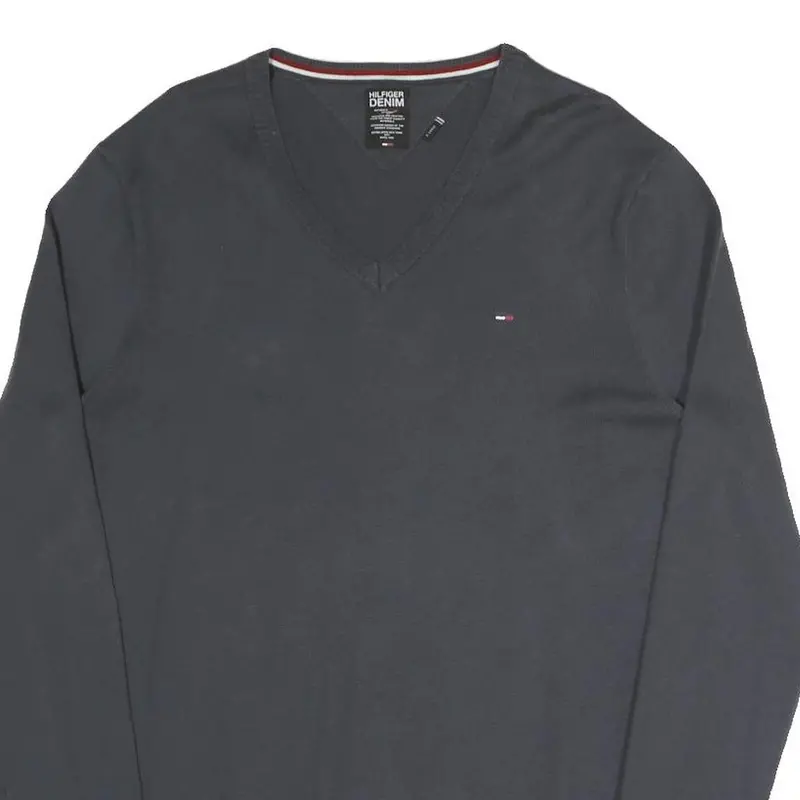 Hilfiger Denim Mens Black V-Neck Plain Cotton Blend Jumper Xl Classic Knitwear 2