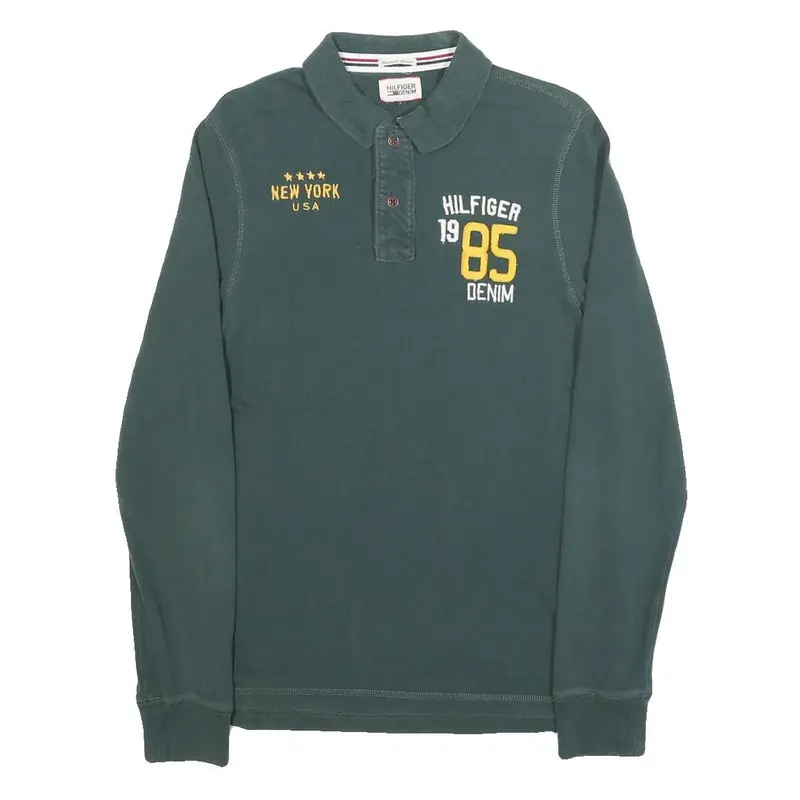 Hilfiger Denim Mens Green Long Sleeve Logo Print Polo Shirt M Cotton Blend 1
