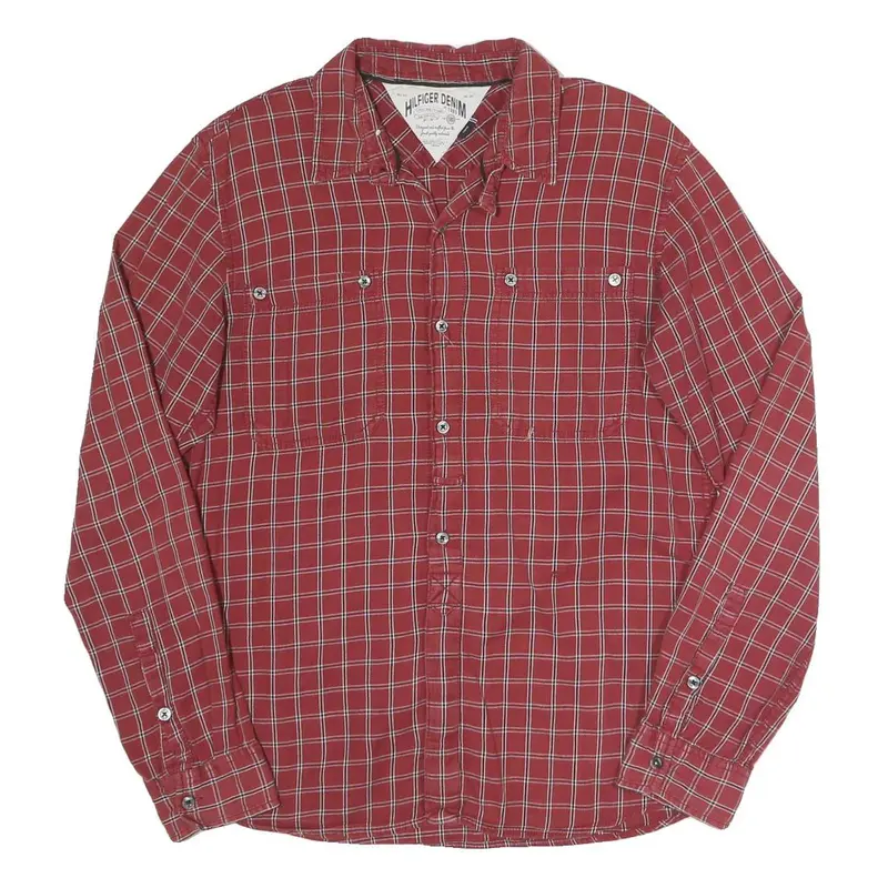 Hilfiger Denim Mens Red Check Shirt L Casual Cotton Long Sleeve Button 1