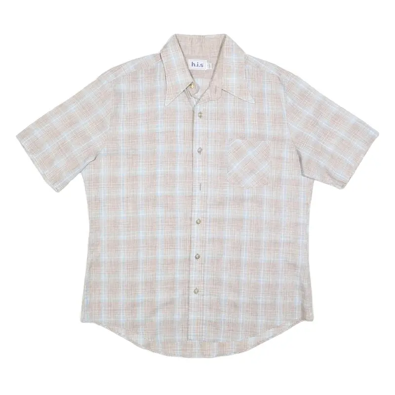 His Mens Beige & Blue Checked Shirt Xl Cotton Blend Short Sleeve Casual Summer 1