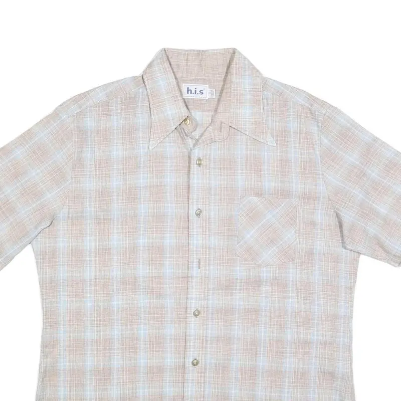 His Mens Beige & Blue Checked Shirt Xl Cotton Blend Short Sleeve Casual Summer 2