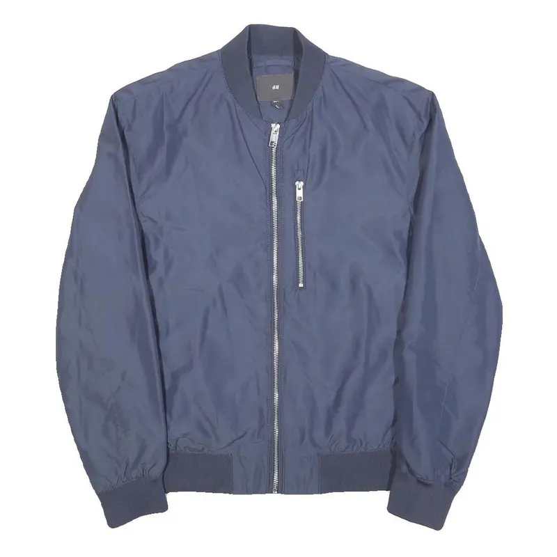 H&M Mens Blue Bomber Jacket S Polyester Plain Zip Casual Lightweight 1