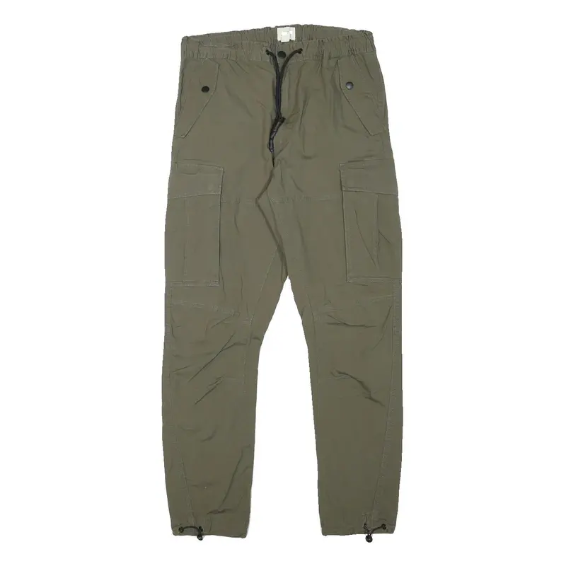 H&M Mens Cotton Blend Slim Cargo Trousers Green W29 L28 Drawstring Pockets 1