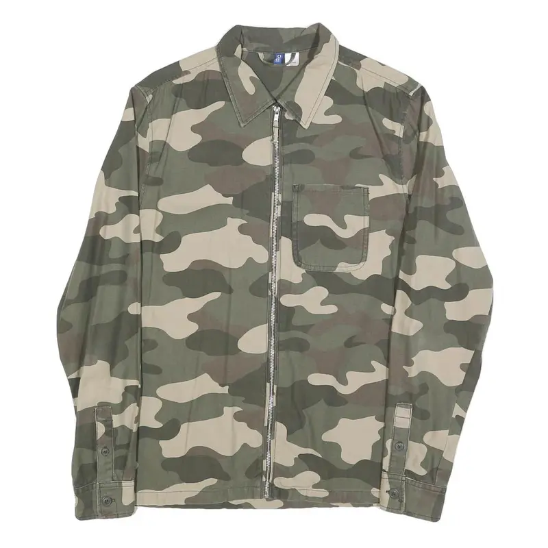 H&M Mens Green & Beige Camouflage Zip Jacket M Cotton Casual Lightweight 1