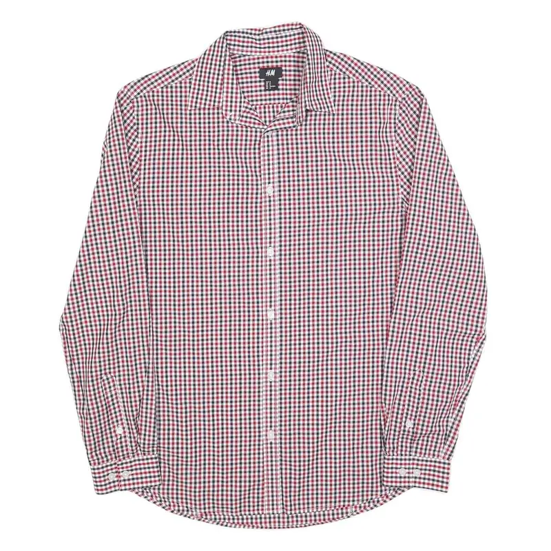 H&M Mens Red & Blue Check Shirt M Cotton Blend Casual Long Sleeve Button Collar 1