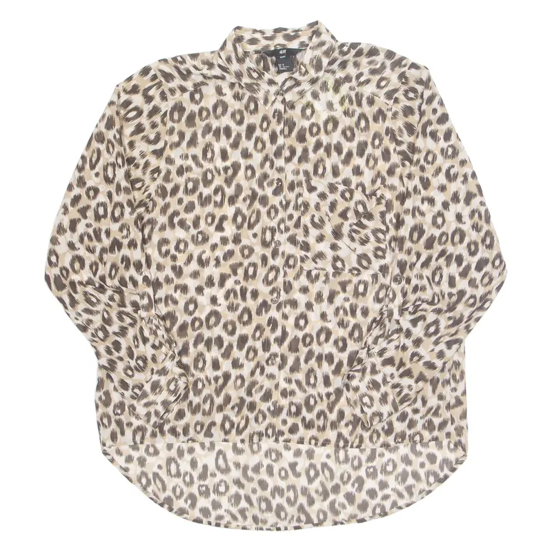 H&M Sheer Womens Printed Shirt Brown Collared Long Sleeve Animal Print S 1