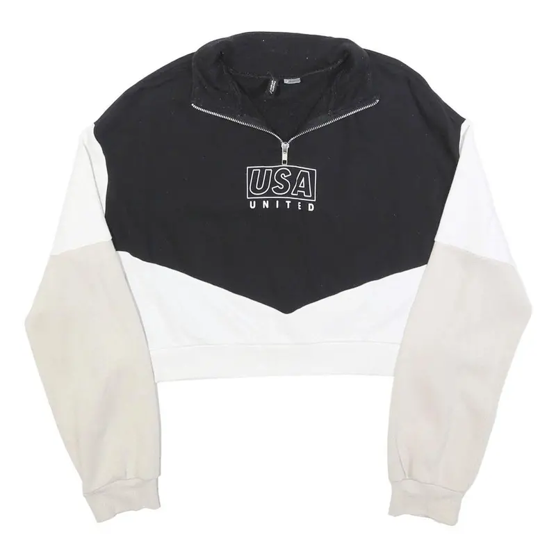 H&M Womens Black & Cream Usa United Half Zip Sweatshirt S Colourblock Cropped 1