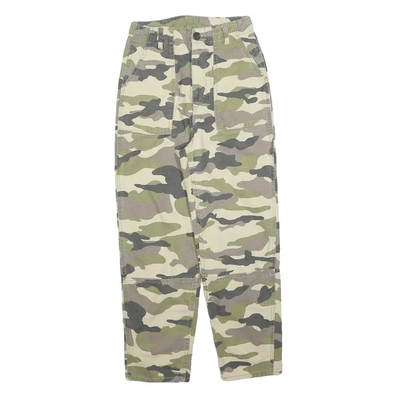 H&M Womens Cotton Blend Green & Beige Camouflage Regular Fit Straight Trousers 1