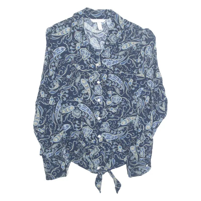 H&M Womens Cropped Shirt Blue Collared Long Sleeve Paisley Uk 10 1