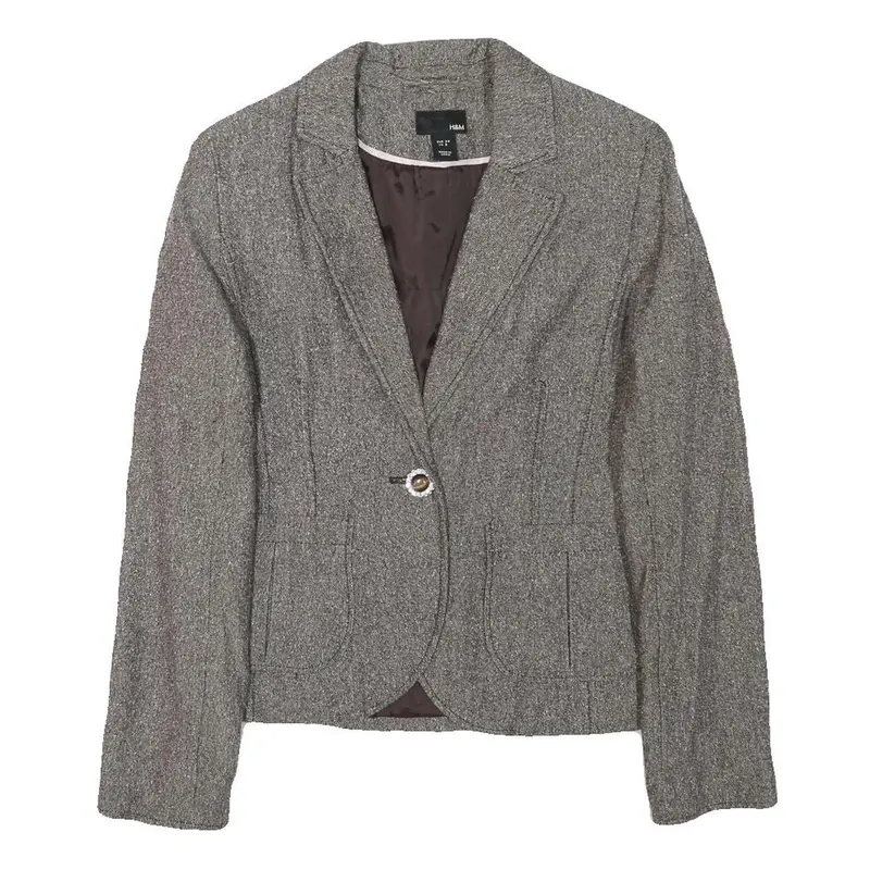 H&M Womens Grey Brown Cotton Blend Button Jacket S Woven Tailored Chic 1