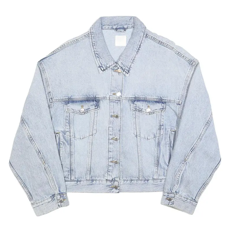 H&M Womens Light Blue Denim Jacket L Cotton Blend Button Plain Casual Outerwear 1