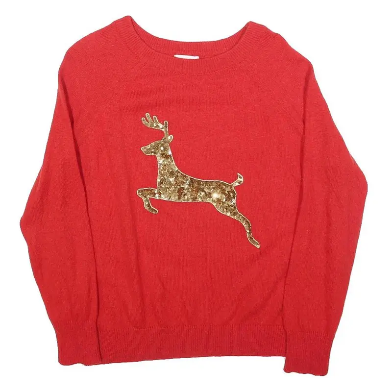 H&M Womens Red Gold Sequin Reindeer Patterned Wool Blend Jumper Crew Neck M 1
