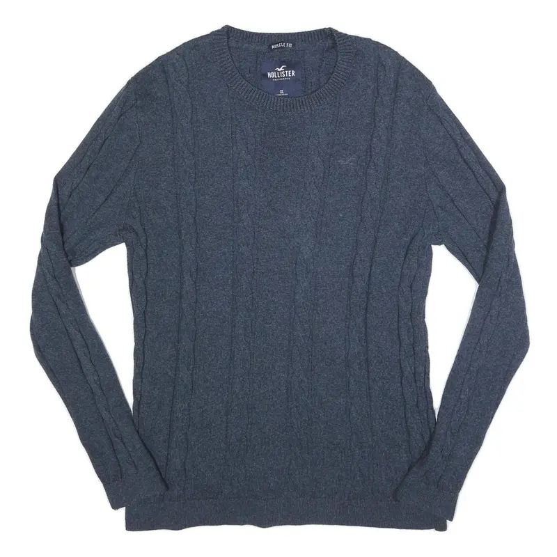 Hollister Mens Blue Plain Crew Neck Cable Knit Jumper Xl Cotton Blend Casual 1