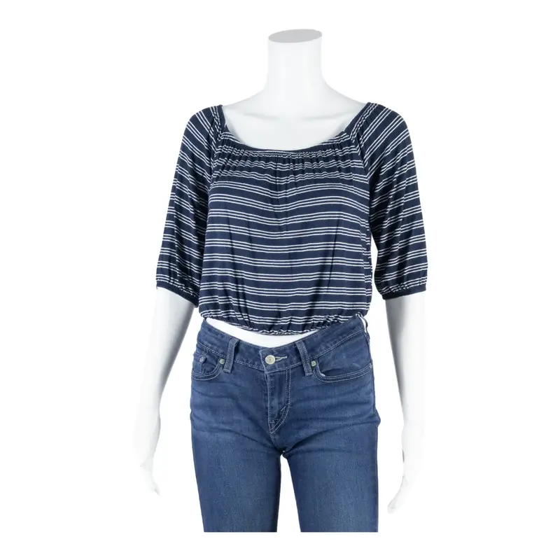 Hollister Womens Cropped Top Blue 3/4 Sleeve Striped S 1