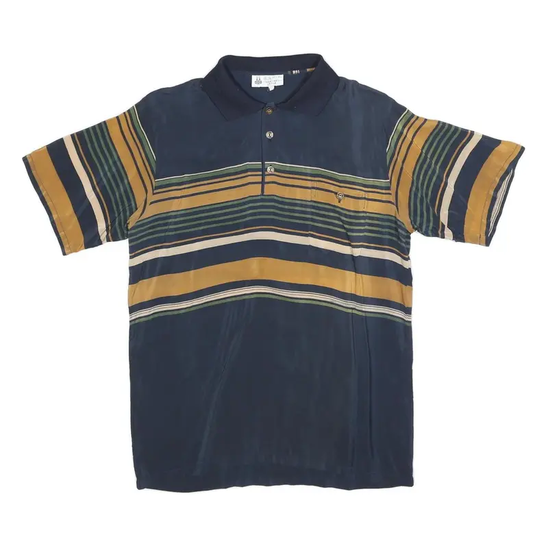 Hua Bei Mens Blue & Mustard Striped Short Sleeve Polo Shirt L Casual Comfort 1