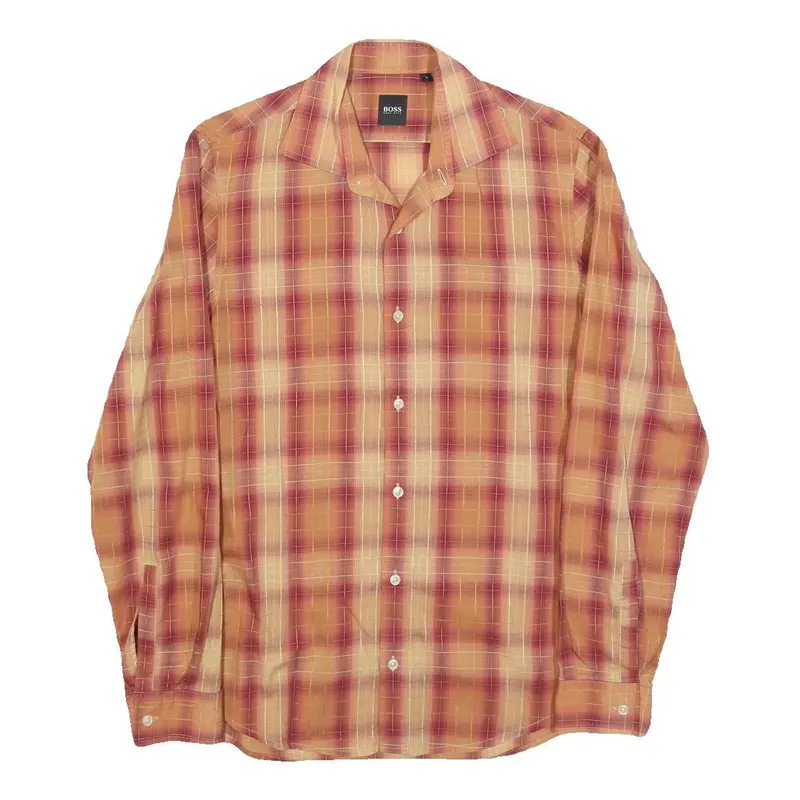 Hugo Boss Mens Beige & Maroon Check Shirt S Cotton Blend Button Collar Long 1