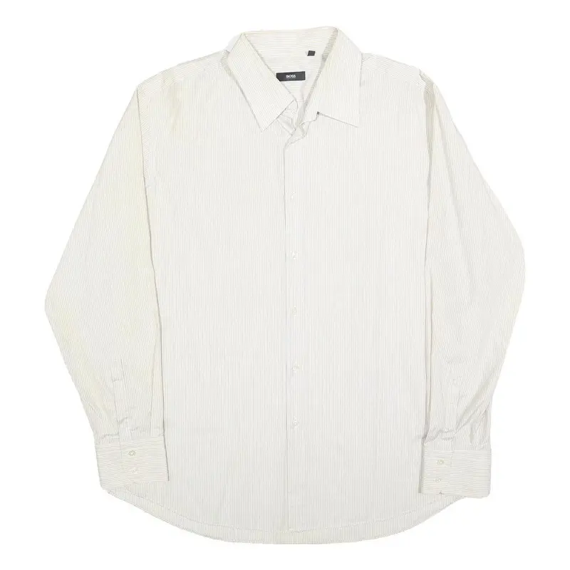 Hugo Boss Mens White & Cream Striped Shirt L Smart Polyester Blend Formal 1