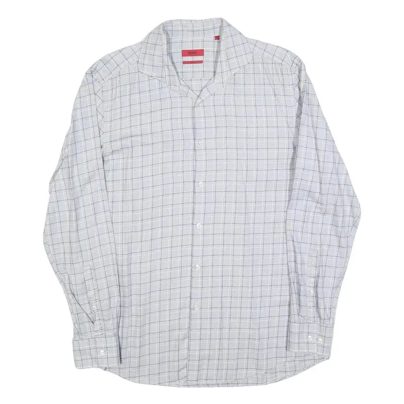 Hugo Boss Mens White & Grey Checked Shirt L Smart Casual Cotton Blend 1