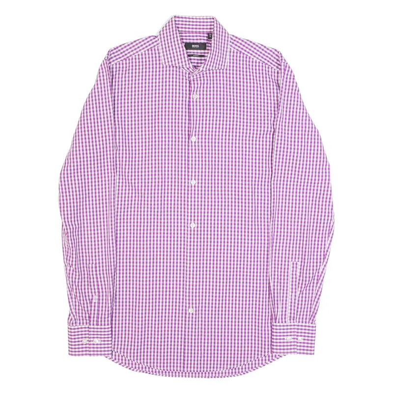 Hugo Boss Slim Fit Mens Shirt Purple Gingham Long Sleeve S 1
