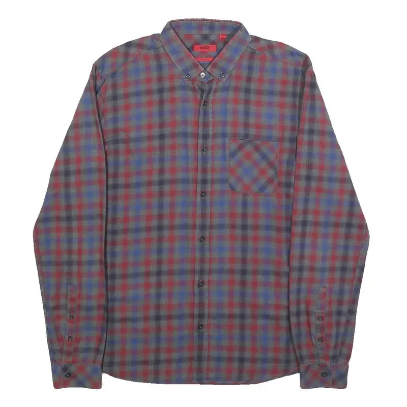 Hugo Mens Blue & Red Check Shirt L Button-Down Collar Long Sleeve Cotton Casual 1