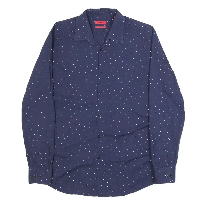 Hugo Mens Navy Blue Shirt M Cotton Blend Polka Dot Long Sleeve Button Collar 1
