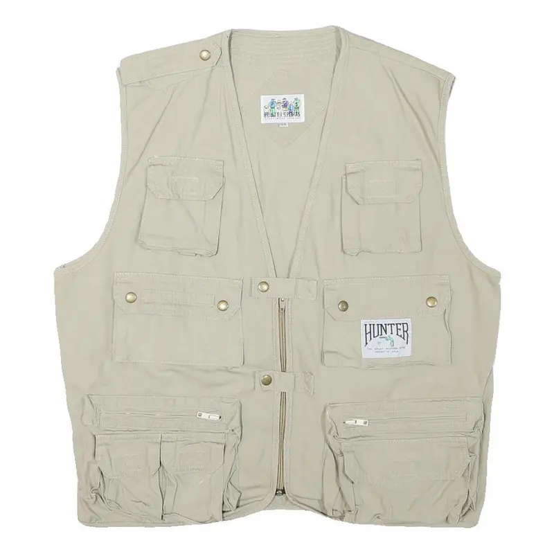 Hunter Sport Mens Beige Cotton Blend Utility Vest L Multi Pocket Zip Casual 1