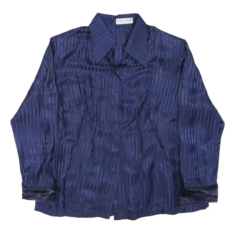 Huong Tram Womens Blue Printed Shirt Long Sleeve Collared Size S Rayon Satin 1