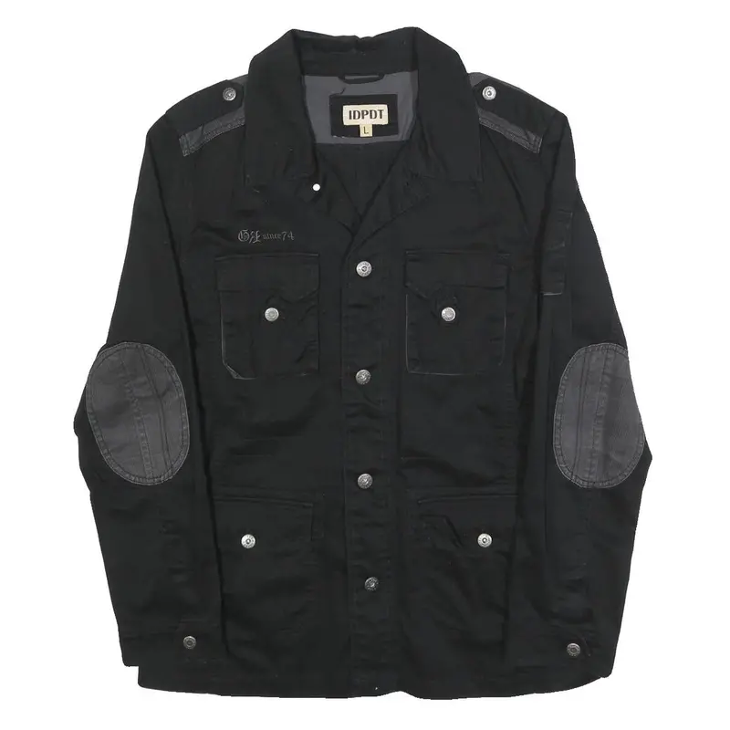 Idpdt Mens Black Cotton Button Jacket L Plain Military Style Pockets Elbow Patch 1