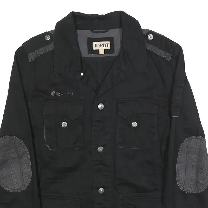 Idpdt Mens Black Cotton Button Jacket L Plain Military Style Pockets Elbow Patch 2