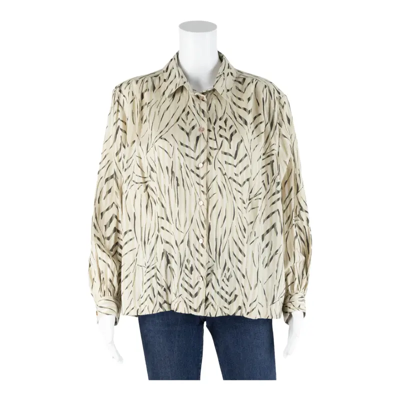 Ines Womens Printed Shirt Beige Collared Long Sleeve Striped L 1
