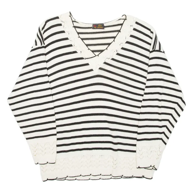Its Knitwear Womens Patterned Jumper Black Striped V-Neck Tight Knit M 1