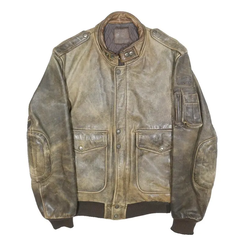 Ixs Mens Brown Leather Bomber Jacket S Woven Classic Zip Pocketed 1