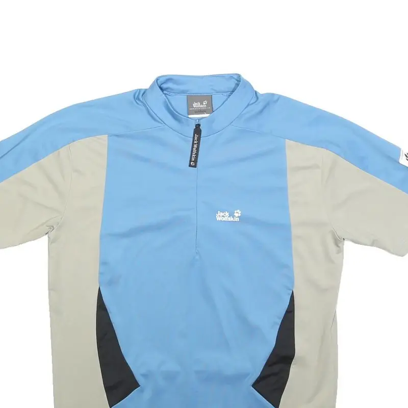 Jack Wolfskin Mens Blue & Beige Cycling T-Shirt M Short Sleeve 1/4 Zip Polyester 2