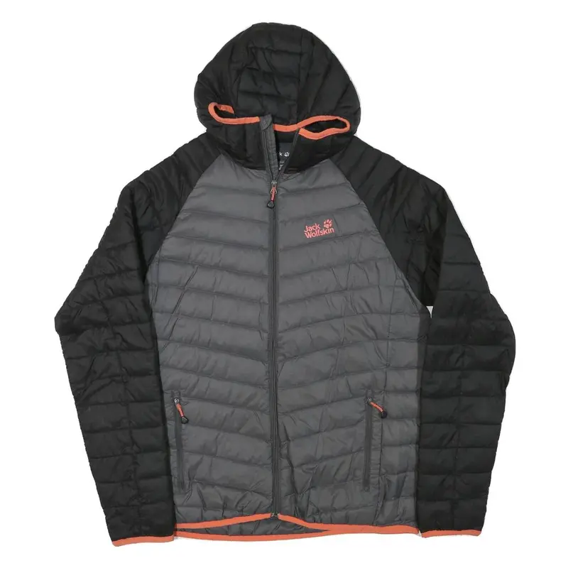 Jack Wolfskin Womens Black & Grey Hooded Puffer Jacket L Polyester Blend Zip 1