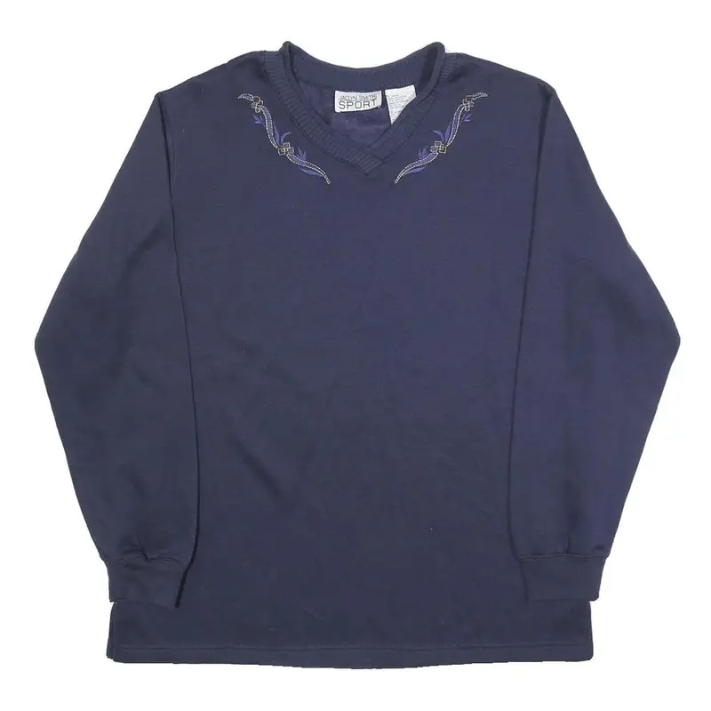 Jaclyn Smith Womens Blue V-Neck Sweatshirt L Embroidered Detail 1