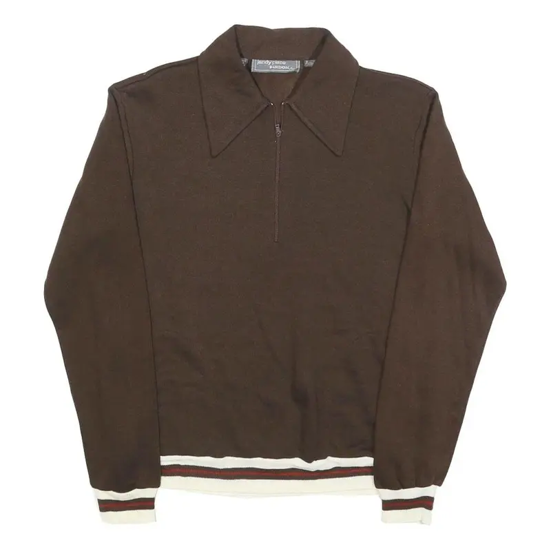 Jandy Place Womens Brown Polo Collar M Sweatshirt Zip Neck Retro Striped Hem 1