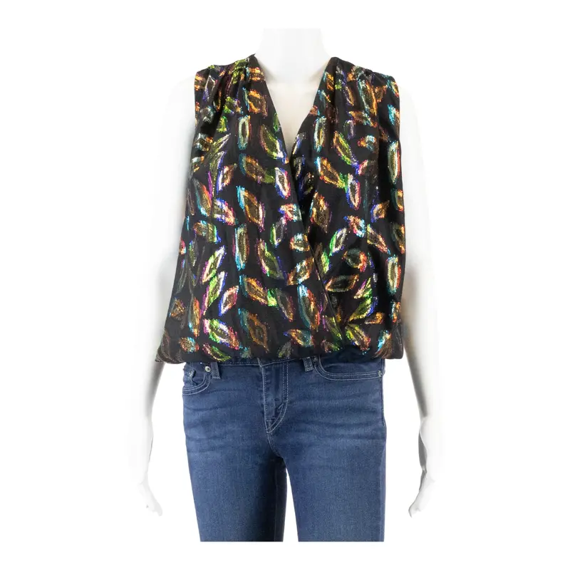 Je Suis Le Fleur Womens Wrap Bodysuit Black V-Neck Sleeveless Crazy Pattern S 1