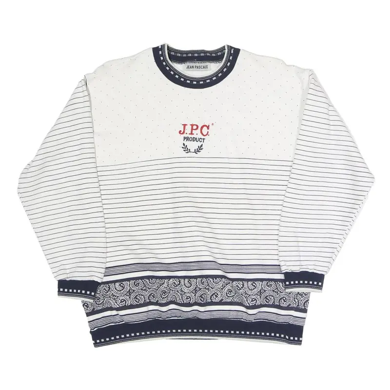 Jean Pascale Womens White & Navy Patterned Crew Neck Sweatshirt S Casual Cotton 1