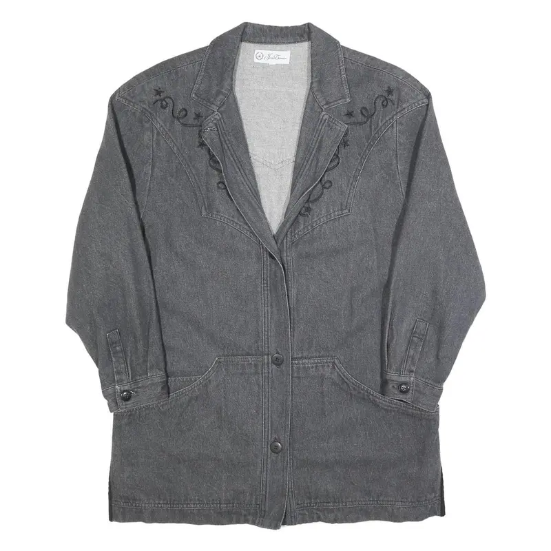Jean Terrier Womens Grey Button Cotton Jacket L Embroidered Pattern 1