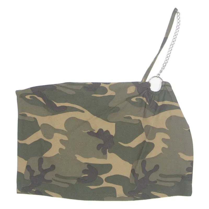 Jennyfer Womens Cropped Top Green Button Neck One Shoulder Camouflage M 1