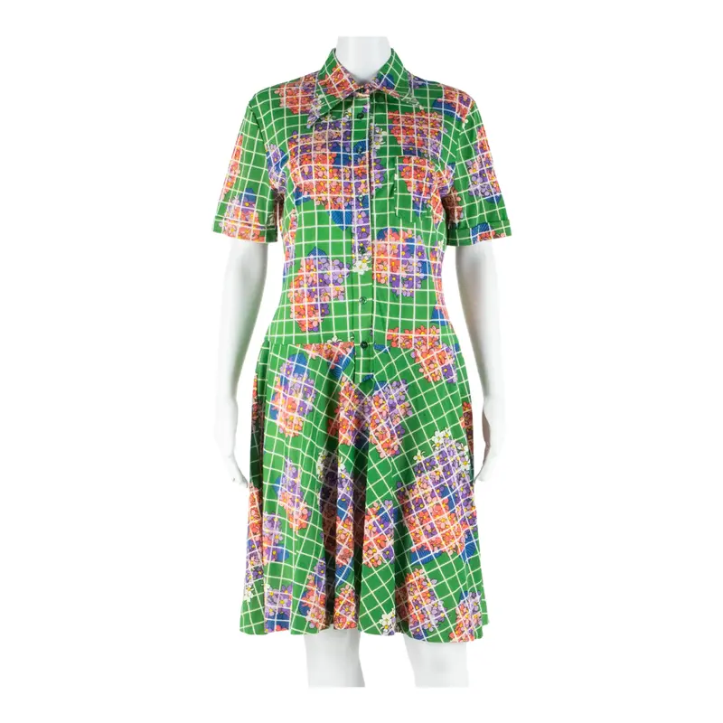 Jersey Womens Skater Dress Green Floral Short Sleeve Midi M 1