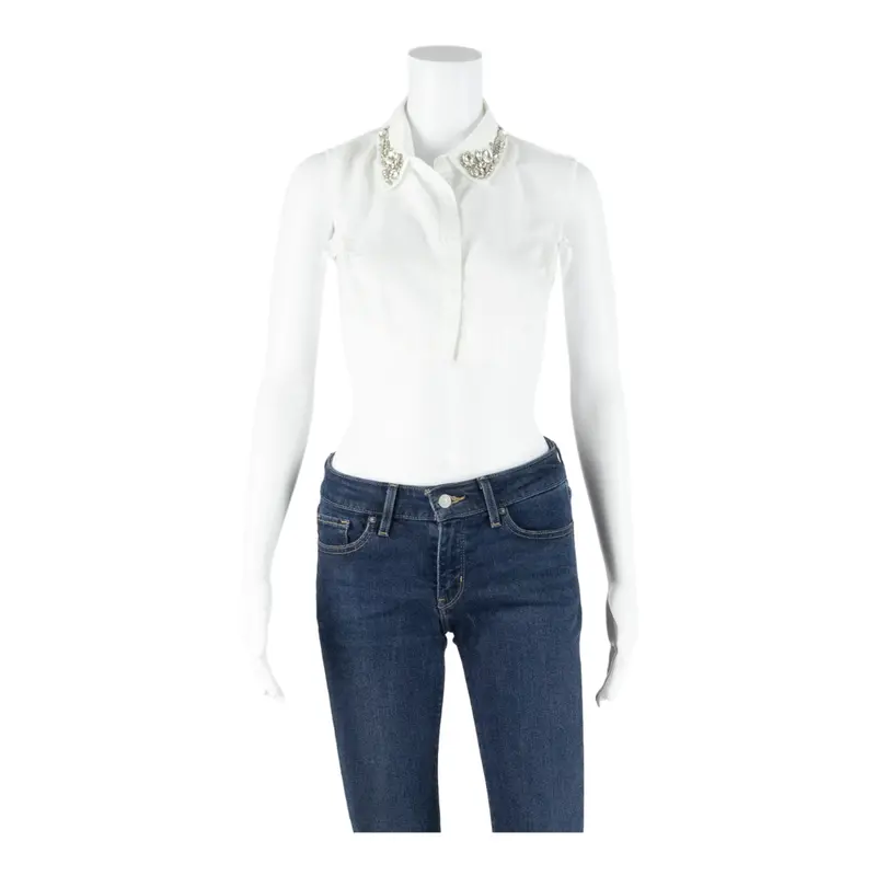 Jeweled Womens Cropped Shirt White Collared Sleeveless Xs 1