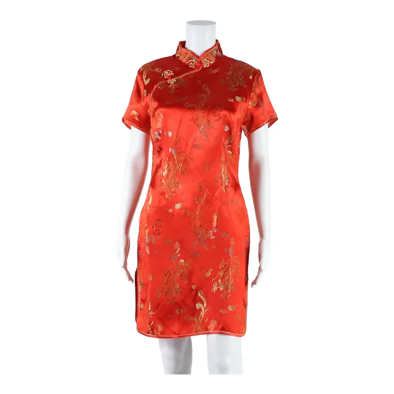 Jin Yue Fu Shi Side Slits Dragons Womens Pencil Dress Red Floral Short S 1