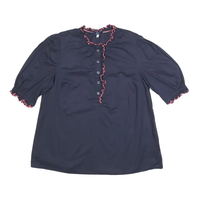 Joules Womens Navy Blue Cotton Ruffle Sleeve Shirt Uk 12 Button Neck 1