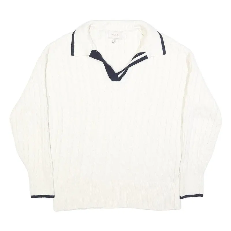 Joules Womens White Navy Cable Knit Rugby Collar Cotton Blend Jumper Uk 14 1